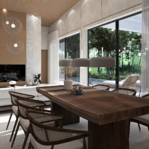 Modern Bali villa interior with natural stone, timber and soft neutral textures