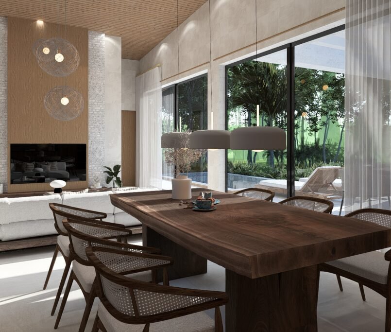 Modern Bali villa interior with natural stone, timber and soft neutral textures